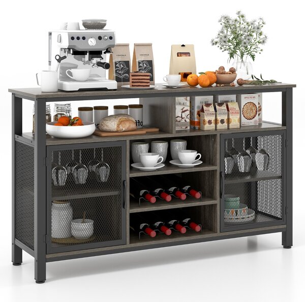 Costway Credenza per vino da 140cm con portabottiglie per 8 bottiglie, Mobiletto per caffè con porte in rete metallica Grigio