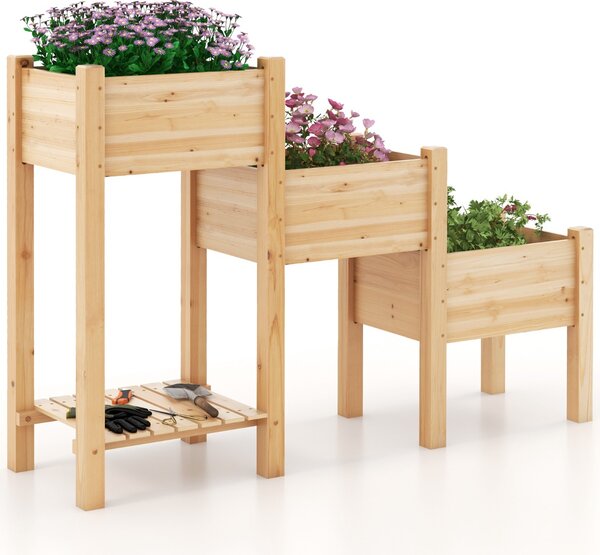 Costway Aiuola da giardino rialzata in legno con 3 fioriere rialzate fori di drenaggio, Fioriera a 3 livelli Naturale