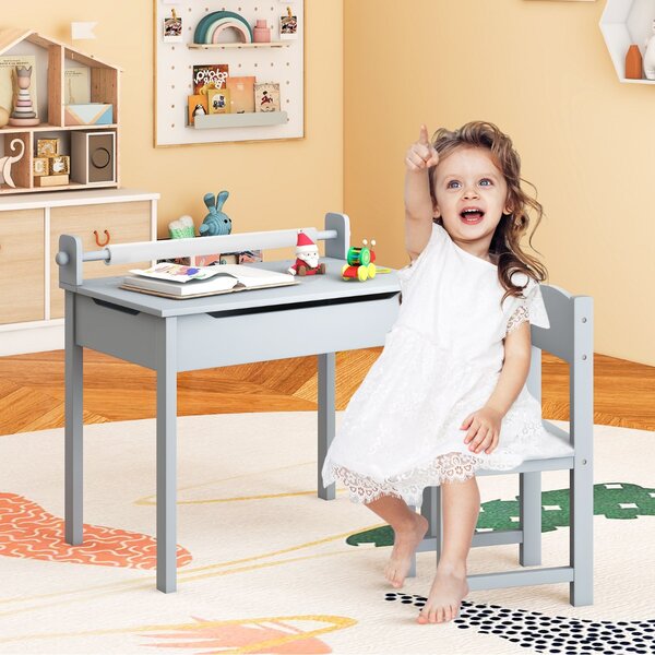 Costway Tavolo per bambini con sedia vano portaoggetti e portarotolo per disegnare giocare, Set di tavolino con sedia Grigio