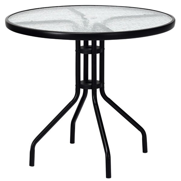 Costway Tavolo da patio da 70cm con piano in vetro temperato gambe in metallo foro per l'ombrellone, Tavolino rotondo da caffè