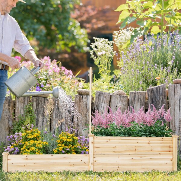 Costway Fioriera rialzata con graticcio fondo aperto, Cassetta di legno a due livelli per verdure fiori erbe frutta Naturale