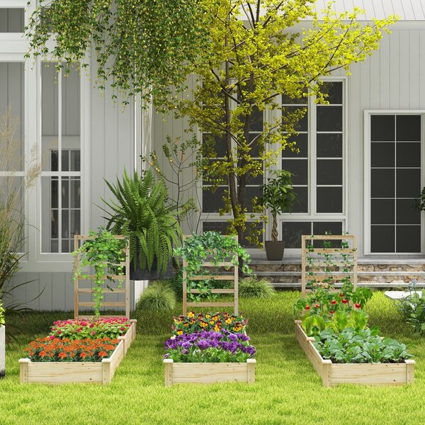 Costway Aiuola da giardino rialzata con fioriera e traliccio, Kit di fioriere in legno per fiori 235x63x102cm Naturale