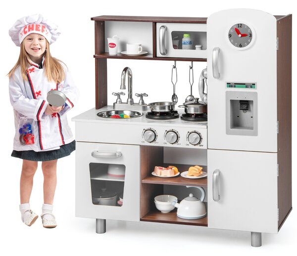 Costway Set di cucina giocattolo per bambini con suoni e luci realistiche, Cucina giocattolo in legno con fornelli Marrone