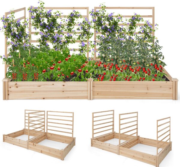 Costway Letto rialzato da giardino con 2 cassoni per piantare e 3 tralicci, Aiuola rialzata da giardino in legno Naturale