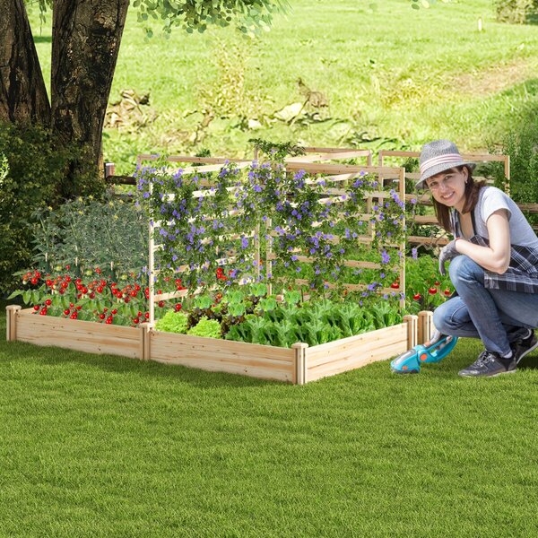 Costway Letto rialzato da giardino con 2 cassoni per piantare e 3 tralicci, Aiuola rialzata da giardino in legno Naturale