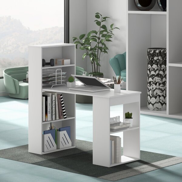 Costway Scrivania per computer da 122cm con libreria, Postazione di studio moderna compatta con 6 ripiani Bianco