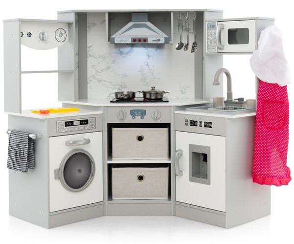 Costway Cucina giocattolo per bambini in legno con luci e suoni realistici, Angolo cucina con cappa aspirante illuminata Grigio