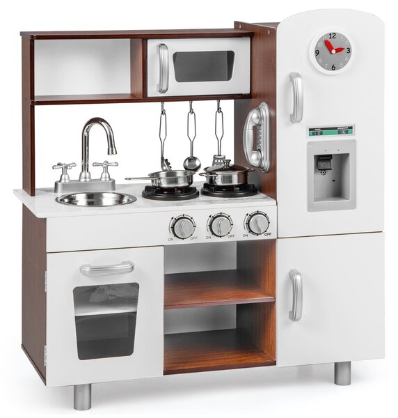 Costway Set di cucina giocattolo per bambini con suoni e luci realistiche, Cucina giocattolo in legno con fornelli Marrone