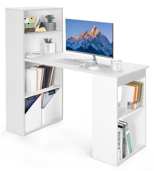 Costway Scrivania per computer da 122cm con libreria, Postazione di studio moderna compatta con 6 ripiani Bianco