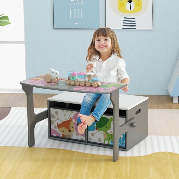 Costway Panchina attività convertibile per bambini, Set tavolo e sedie per bambini con 2 cassetti in tessuto rimovibili Grigio