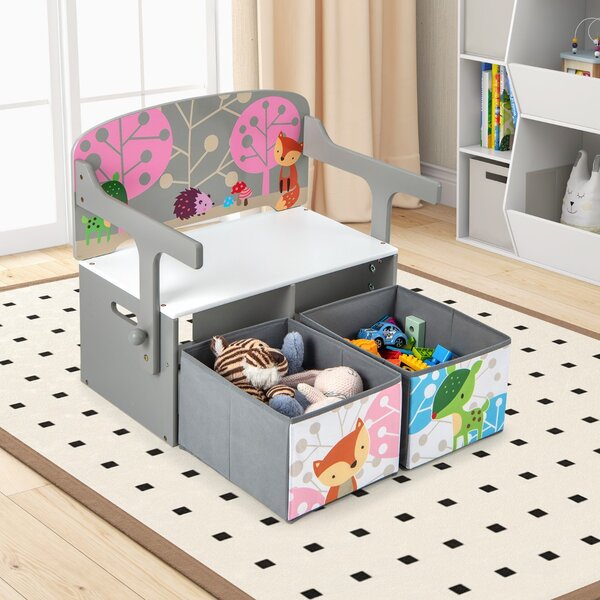 Costway Panchina attività convertibile per bambini, Set tavolo e sedie per bambini con 2 cassetti in tessuto rimovibili Grigio