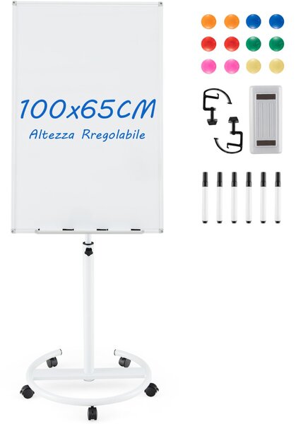 Costway Lavagna magnetica cancellabile a secco con 5 ruote, Lavagna regolabile in altezza con supporto rotondo Bianco
