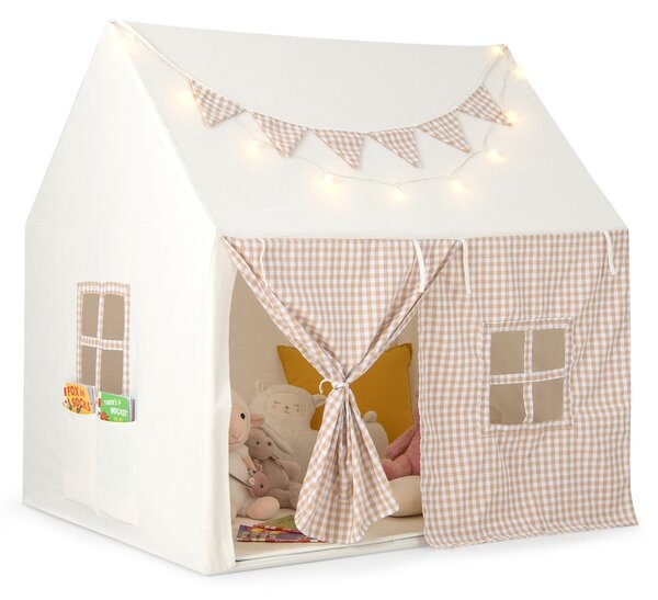 Costway Tenda da gioco per bambini con tappetino imbottito 2 finestre traspiranti e 2 tasche, Casetta tenda da gioco Beige