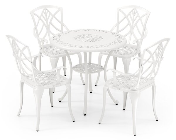 Costway Set Tavolo e sedie per giardino in alluminio pressofuso da 5 pezzi con foro per ombrellone, Set da giardino Bianco