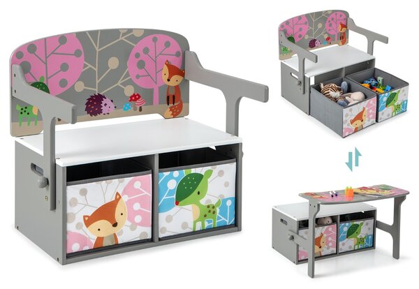 Costway Panchina attività convertibile per bambini, Set tavolo e sedie per bambini con 2 cassetti in tessuto rimovibili Grigio