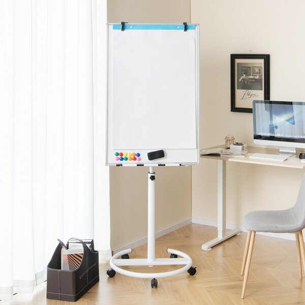 Costway Lavagna magnetica cancellabile a secco con 5 ruote, Lavagna regolabile in altezza con supporto rotondo Bianco
