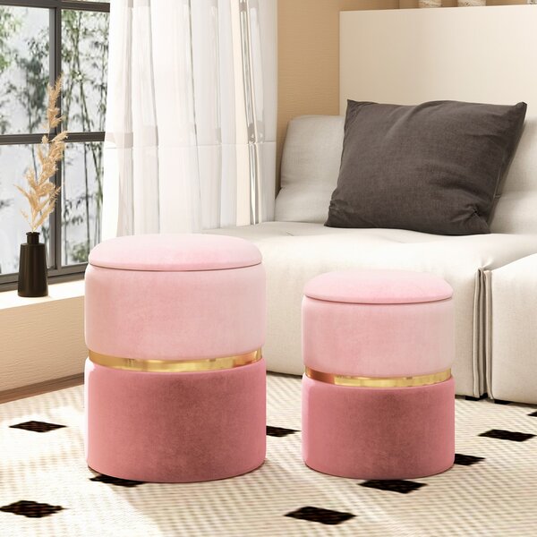 Costway Set di 2 pouf moderni in velluto con ampio spazio di archiviazione e seduta in spugna, Pouf rotondi da 32L e 21L Rosa