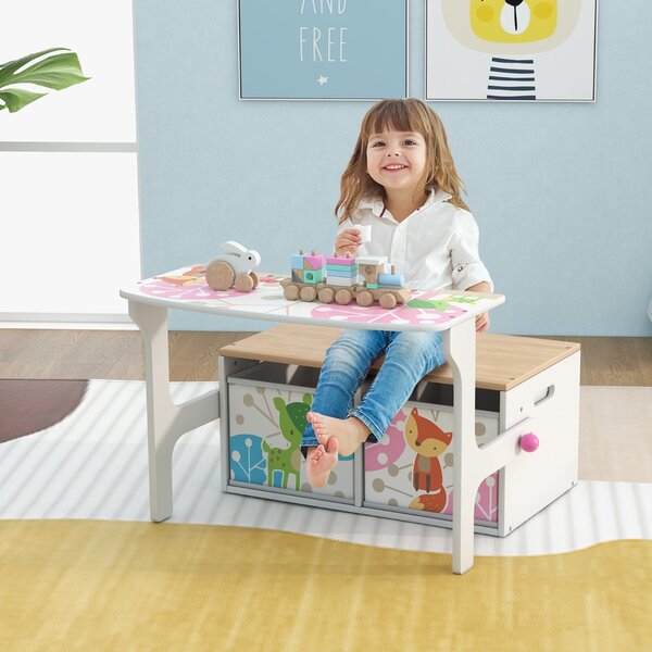 Costway Panchina attività convertibile per bambini, Set tavolo e sedie per bambini con 2 cassetti in tessuto rimovibili Bianco