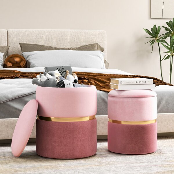Costway Set di 2 pouf moderni in velluto con ampio spazio di archiviazione e seduta in spugna, Pouf rotondi da 32L e 21L Rosa