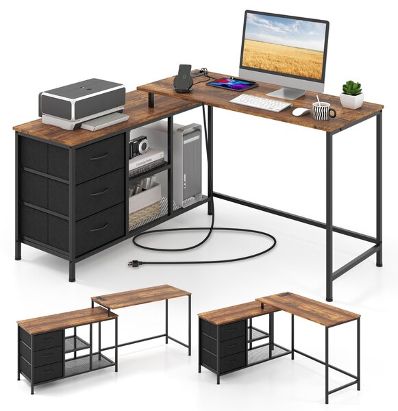 Costway Scrivania per computer a forma di L con prese, Scrivania convertibile con 3 cassetti di tessuto e ripiani in metallo Marrone