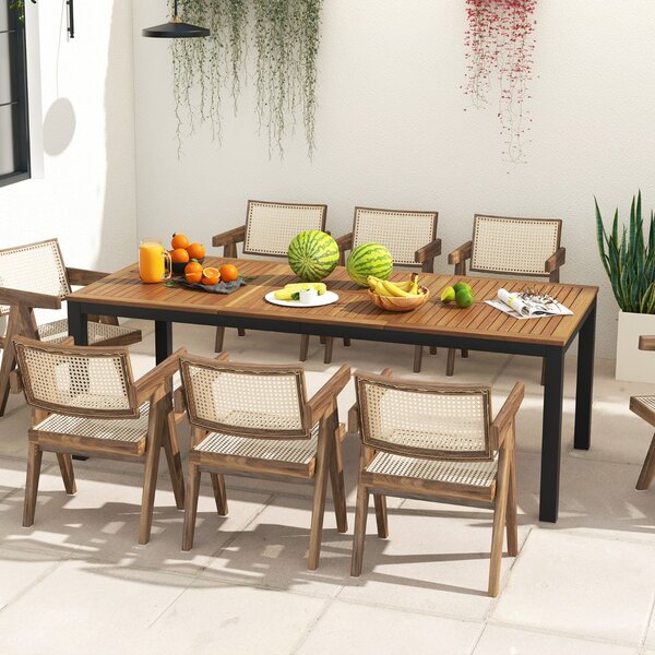 Costway Tavolo da pranzo all'aperto per 8 persone, Tavolo da giardino in legno di acacia 200cm con foro per ombrellone