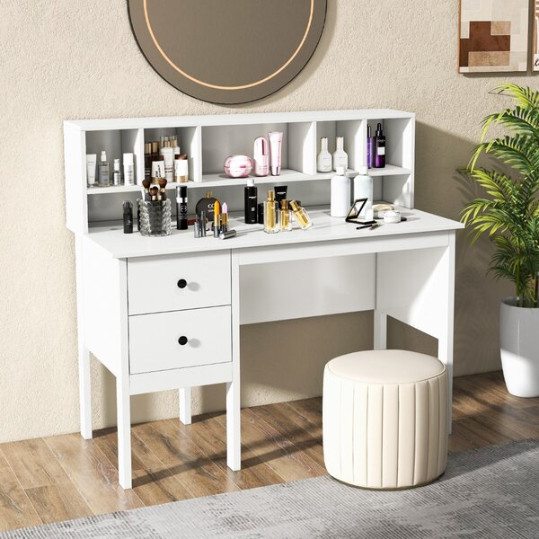 Costway Scrivania per computer con prese elettriche, Scrivania da 120cm con 5 vani e 2 cassetti porte USB Bianco