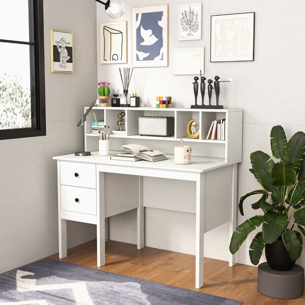 Costway Scrivania per computer con prese elettriche, Scrivania da 120cm con 5 vani e 2 cassetti porte USB Bianco