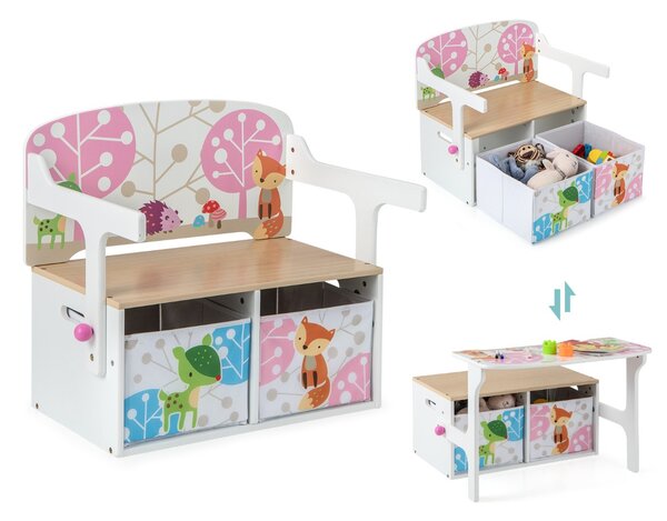 Costway Panchina attività convertibile per bambini, Set tavolo e sedie per bambini con 2 cassetti in tessuto rimovibili Bianco