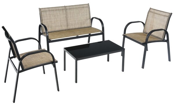 Costway Set mobili da giardino con 4 pezzi per chiacchierare, Sedie da cortile in ferro e tessuto a rete con tavolino in vetro Marrrone