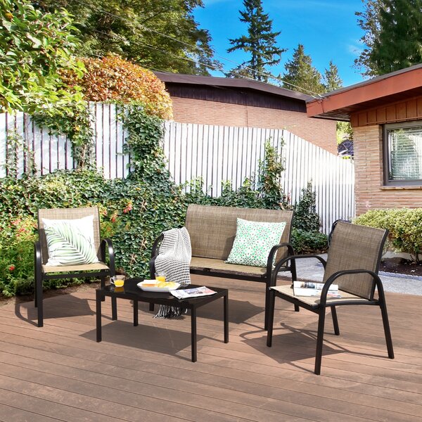 Costway Set mobili da giardino con 4 pezzi per chiacchierare, Sedie da cortile in ferro e tessuto a rete con tavolino in vetro Marrrone