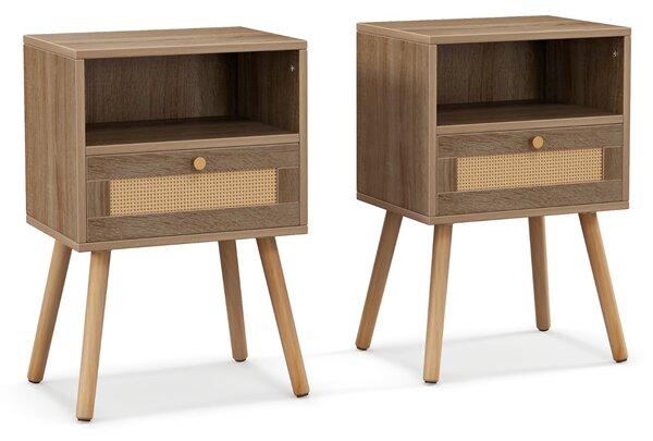 Costway Set di 2 comodini in rattan con cassetto, Tavolini laterali stile boho da letto in legno per soggiorno Naturale
