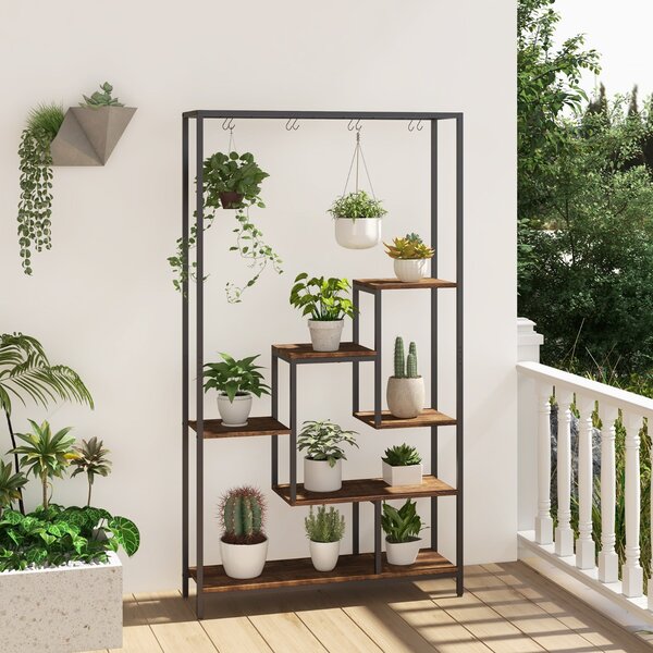 Costway Scaffale per piante 180cm a 6 livelli con 10 ganci e ripiani per piante, Scaffale porta piante in metallo Marrone