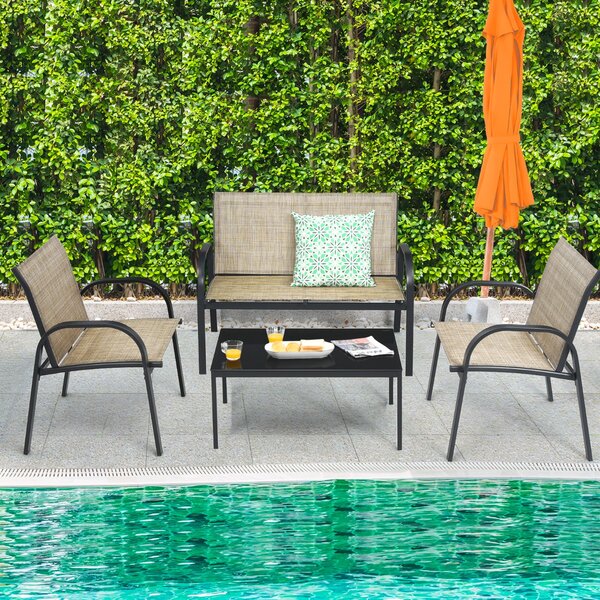 Costway Set mobili da giardino con 4 pezzi per chiacchierare, Sedie da cortile in ferro e tessuto a rete con tavolino in vetro Marrrone