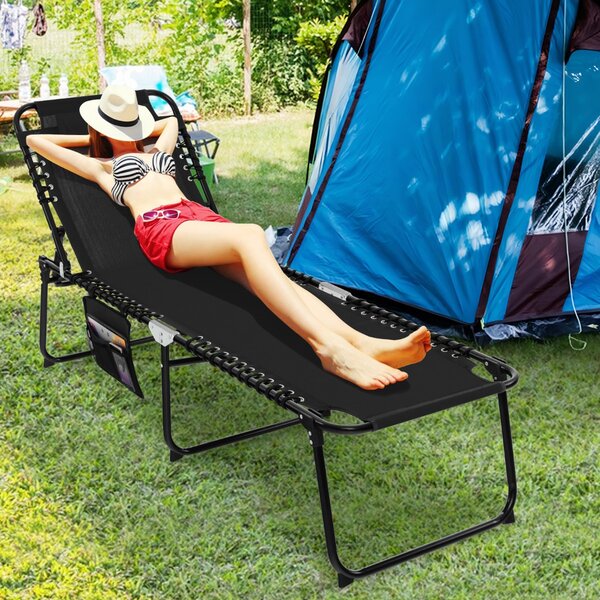 Costway Lettino da giardino pieghevole con schienale a 4 livelli tasca laterale e poggiatesta staccabile, Sdraio portatile Nero