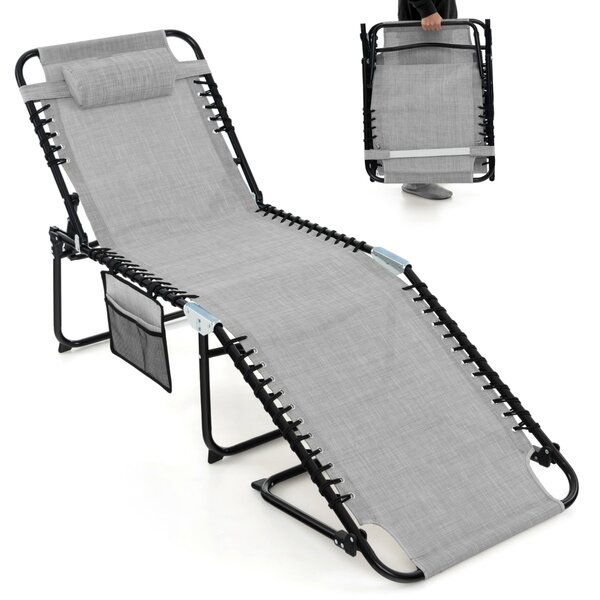 Costway Lettino da giardino pieghevole con schienale a 4 livelli tasca laterale e poggiatesta staccabile, Sdraio portatile Grigio