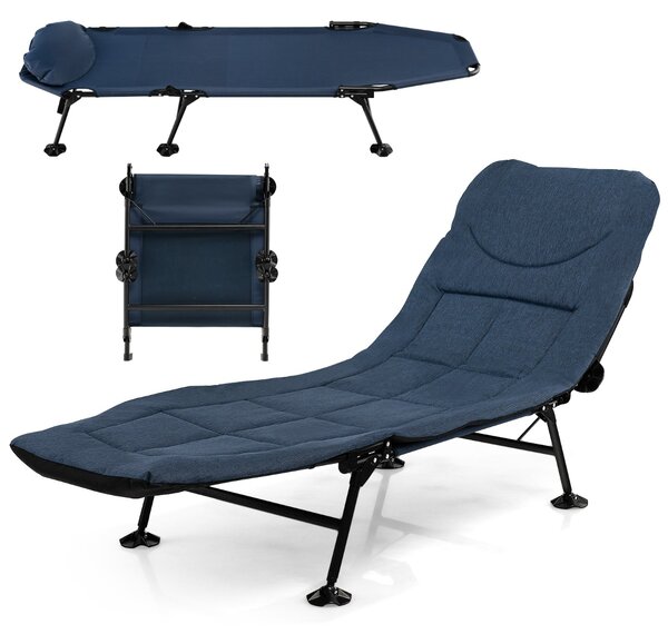 Costway Lettino da campeggio pieghevole con materasso rimovibile schienale regolabile, Lettino campeggio portatile Blu scuro