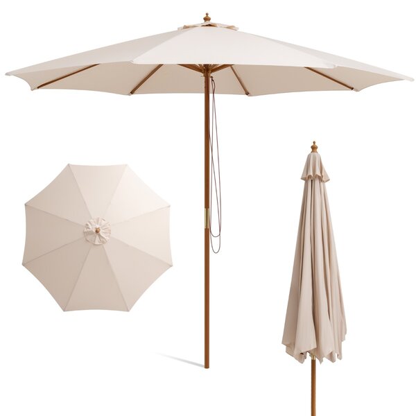Costway Ombrellone in legno per patio da 300cm, Ombrellone da tavolo con 8 costole di bambù 3 altezze regolabili Beige