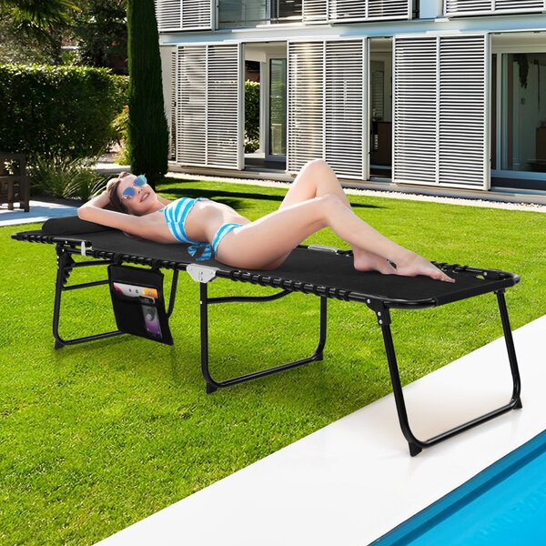 Costway Lettino da giardino pieghevole con schienale a 4 livelli tasca laterale e poggiatesta staccabile, Sdraio portatile Nero