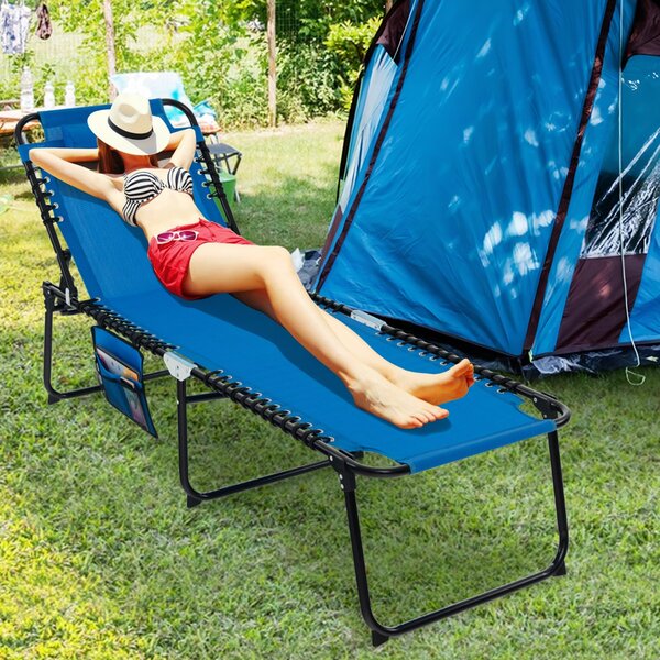 Costway Lettino da giardino pieghevole con schienale a 4 livelli tasca laterale e poggiatesta staccabile, Sdraio portatile Blu scuro