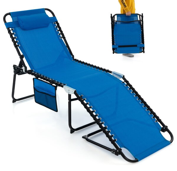 Costway Lettino da giardino pieghevole con schienale a 4 livelli tasca laterale e poggiatesta staccabile, Sdraio portatile Blu scuro