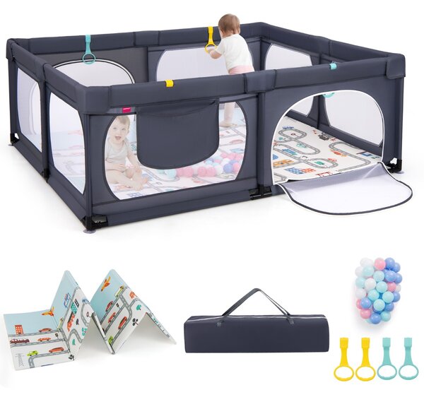 Costway Box per bambini con materassino 4 anelli e 50 palline colorate, Recinto per bambini grande 189x158cm Grigio scuro