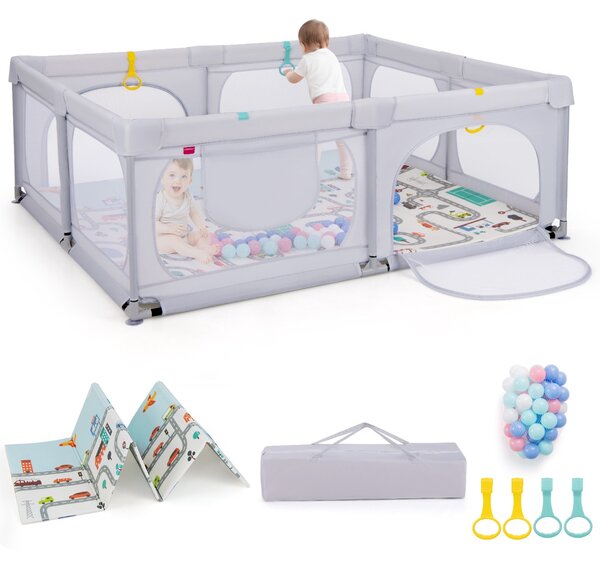 Costway Box per bambini con materassino 4 anelli e 50 palline colorate, Recinto per bambini grande 189x158cm Grigio chiaro