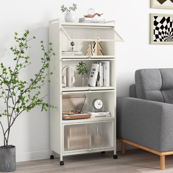Costway Supporto mobile con porte PC a scomparsa, Armadio da cucina autoportante con 4 ruote girevoli 60x32x154cm Bianco