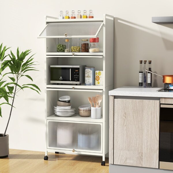 Costway Supporto mobile con porte PC a scomparsa, Armadio da cucina autoportante con 4 ruote girevoli 60x32x154cm Bianco