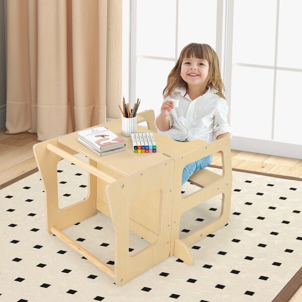 Costway Torre apprendimento da cucina pieghevole per bambini 3 in 1, Sgabello montessori per bambini con lavagna Naturale