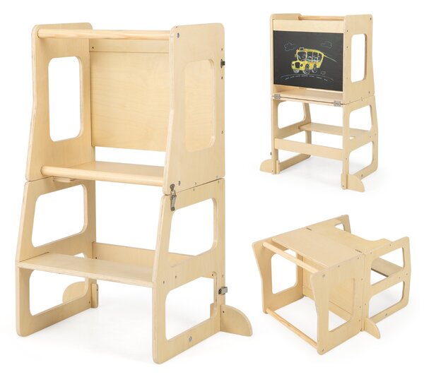 Costway Torre apprendimento da cucina pieghevole per bambini 3 in 1, Sgabello montessori per bambini con lavagna Naturale
