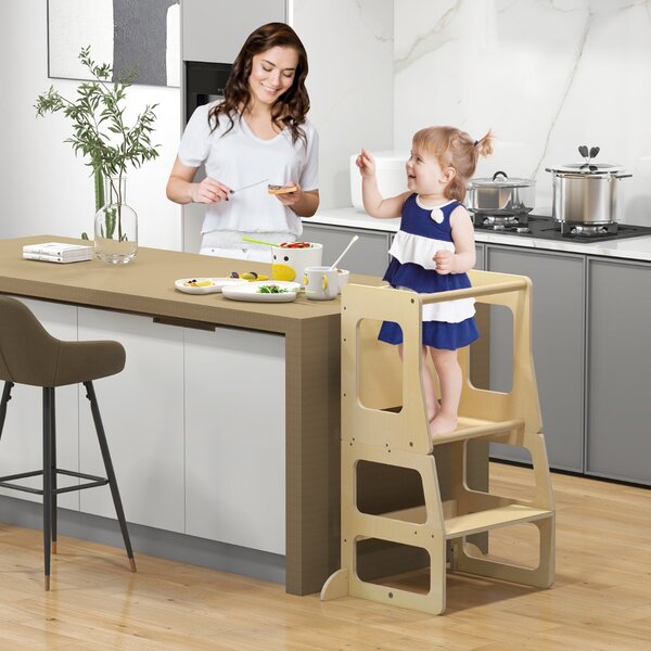 Costway Torre apprendimento da cucina pieghevole per bambini 3 in 1, Sgabello montessori per bambini con lavagna Naturale