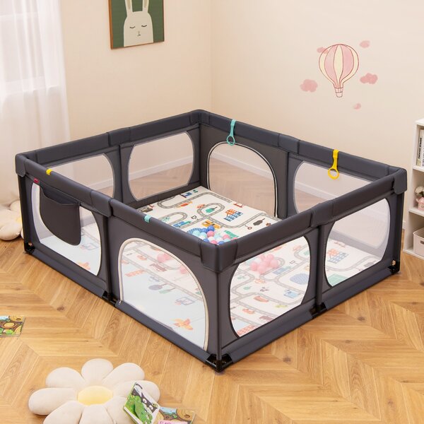Costway Box per bambini con materassino 4 anelli e 50 palline colorate, Recinto per bambini grande 189x158cm Grigio scuro
