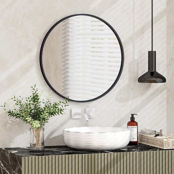 Costway Specchio rotondo 61cm con cornice in metallo spazzolato opaco antiruggine, Specchio da parete decorativo