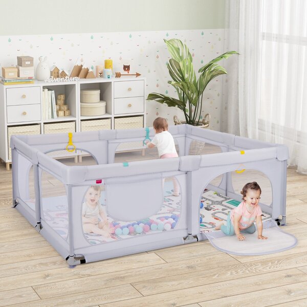 Costway Box per bambini con materassino 4 anelli e 50 palline colorate, Recinto per bambini grande 189x158cm Grigio chiaro